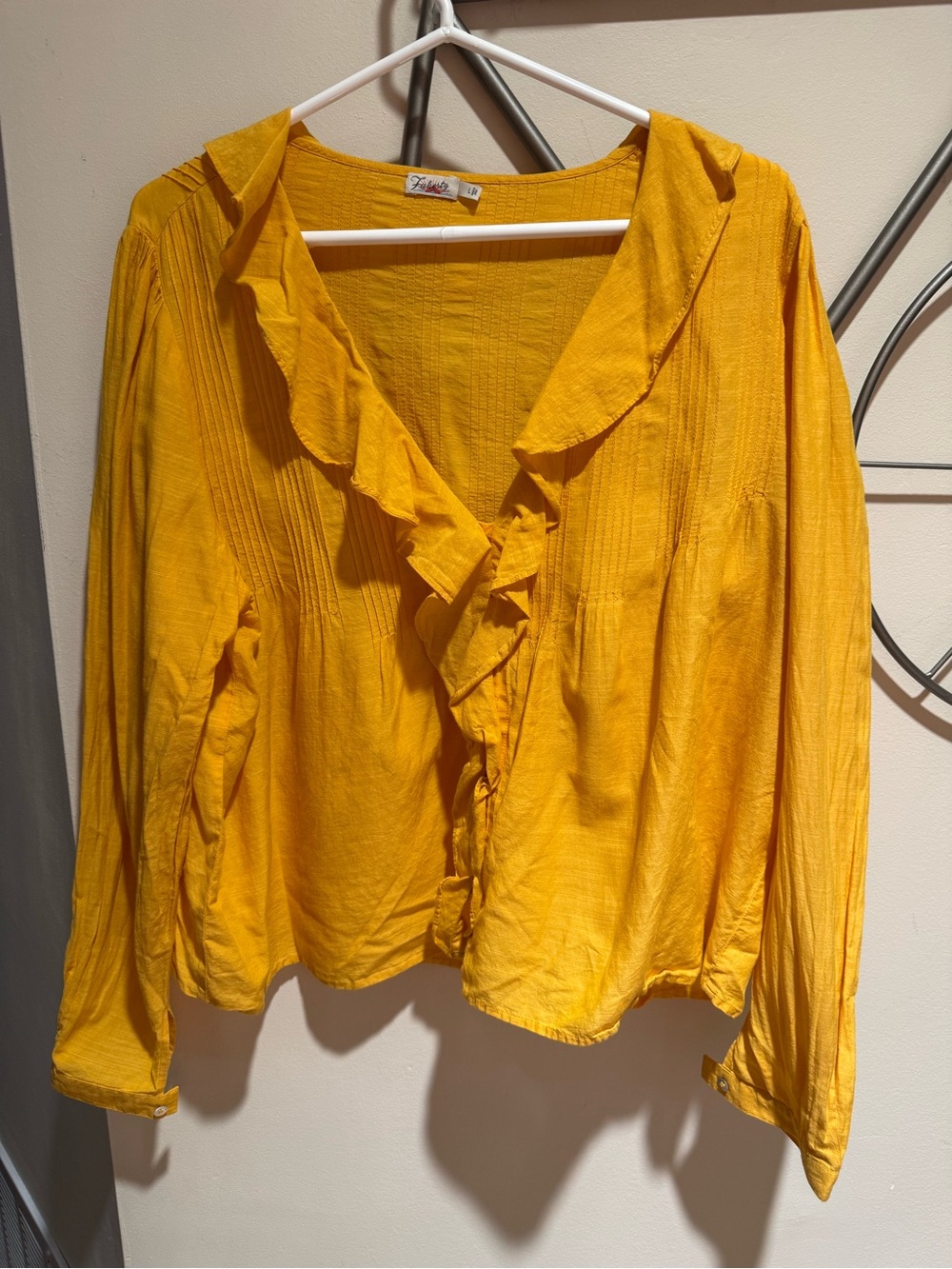 Faherty Yellow Cotton Modal Ruffle Collar Pintuck Blouse Women's Size Large L